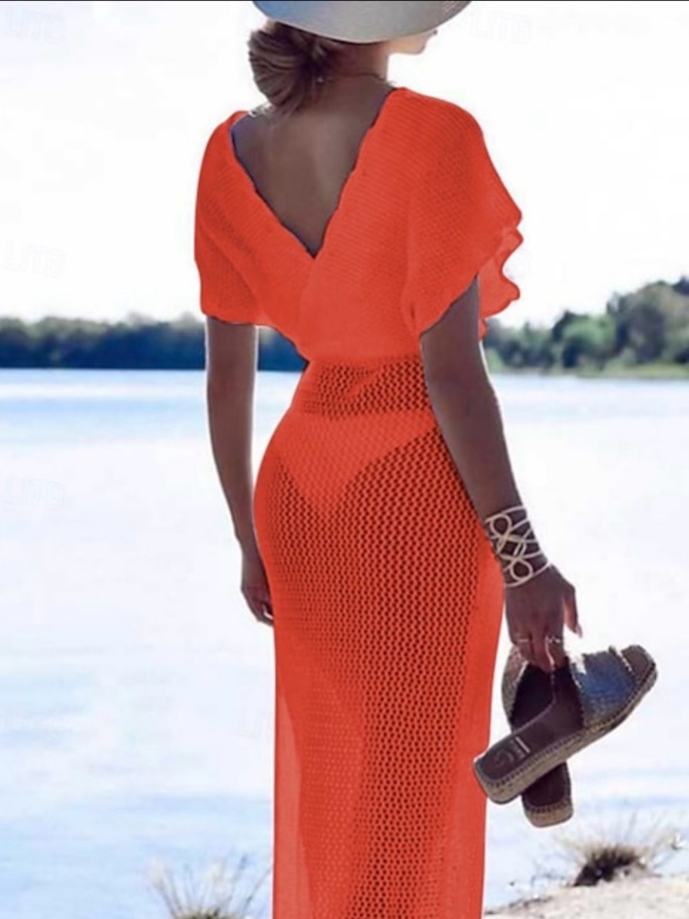 Crochet Maxi Cover-Up Dress in Bright Orange M/L new